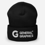 General Graphics Embroidered Beanie / Logo Winter Hat / Black Cuffed Beanie
