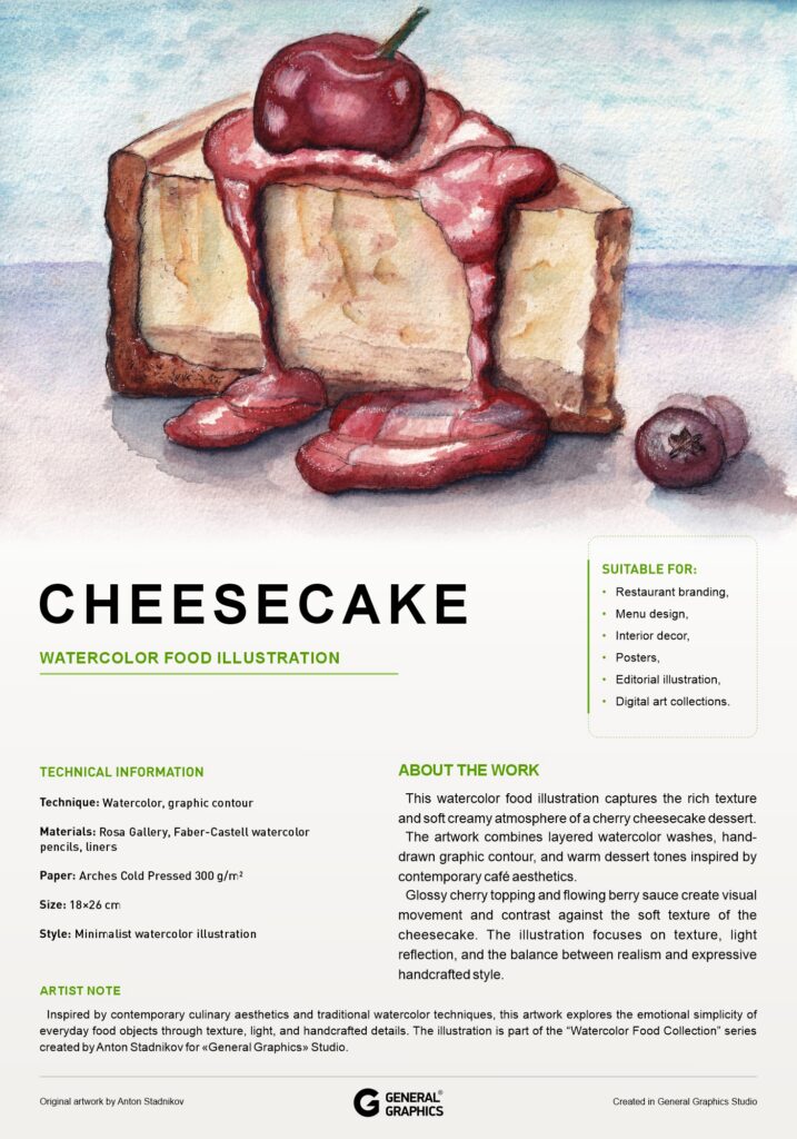 Watercolor cheesecake illustration for restaurant menu design by Anton Stadnikov