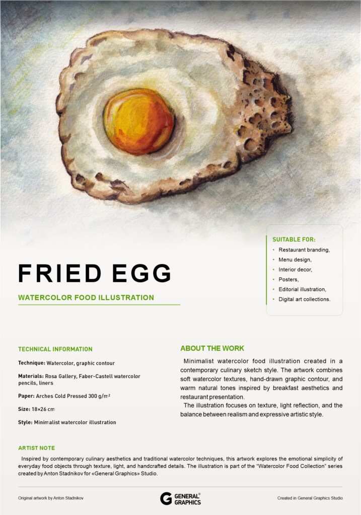 Watercolor fried egg illustration for cafe and restaurant menu