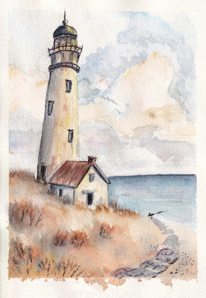Watercolor coastal lighthouse illustration with small house by the sea