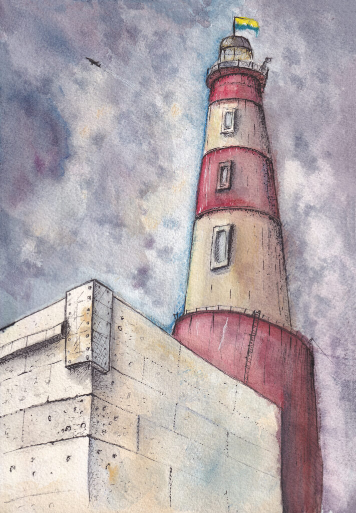 Watercolor lighthouse illustration with Ukrainian flag and dramatic sky