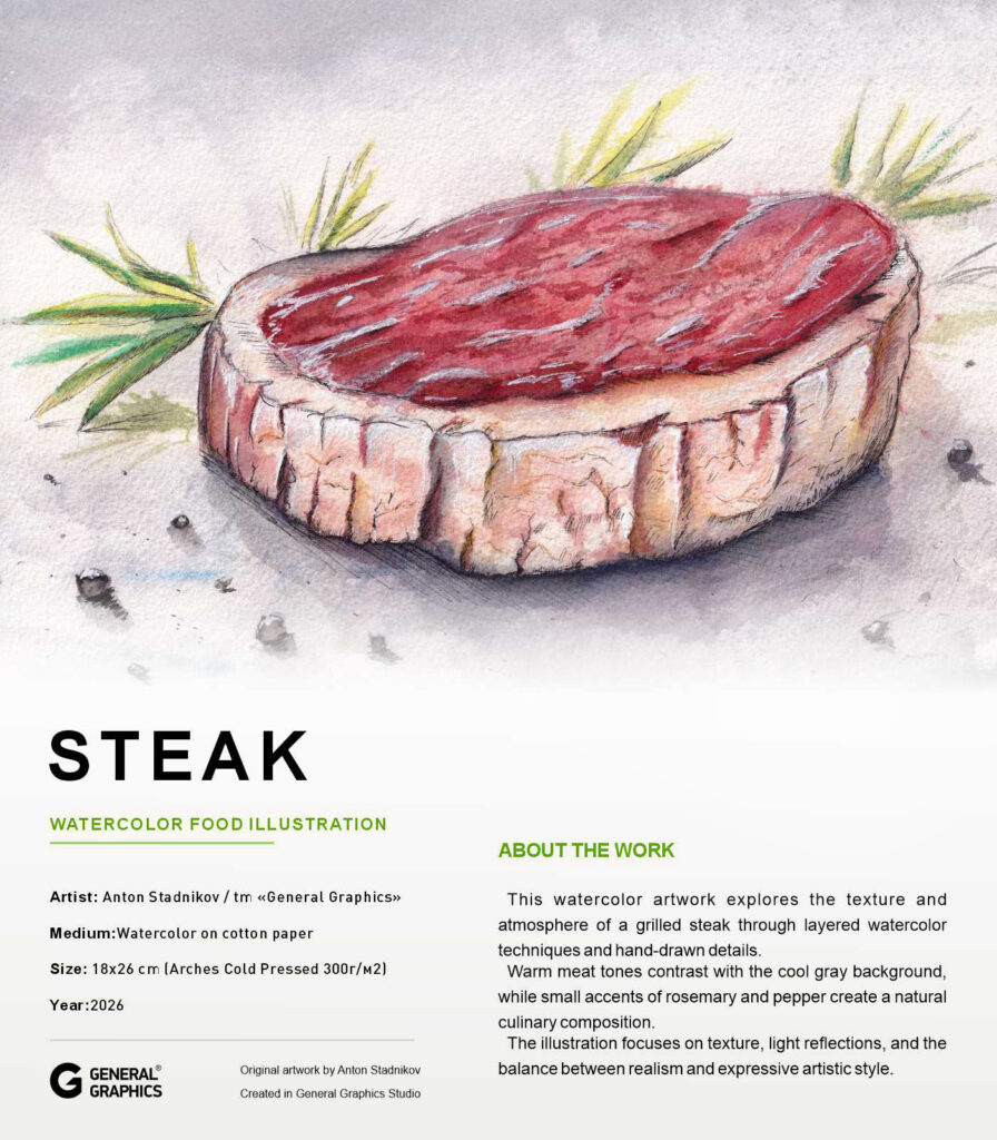 Watercolor steak illustration for restaurant menu design